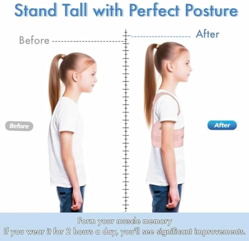 Back Brace Posture Corrector for Kids Teenagers Women, Adjustable Upper Back Straightener Lumbar Support Belt for Student Boys Girls Hunchback Scoliosis Pain Relief Spine Corrector (Pink, Large)