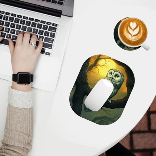 Small Mouse Pad，Mini Mouse Pad 6 x 7 Inch，for Laptop Keyboard Tray Wireless Mouse Home Office Travel，with Non-Slip Rubber Base, Waterproof Mouse Mat，Owl on Tree Branch