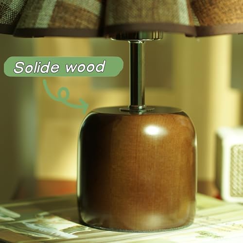 Small Plaid Pattern Table Lamp for Bedroom, Bedside Lamps for Nightstand, Desk Lamp Solid Wood Base Walnut Fabric Shade for Living Room, Kids Room, Bulb Not Included (Mid-Century Modern) (Walnut)