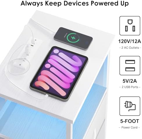 Fixwal Night Stand with Charging Station, White Led Nightstand, 5 Drawers