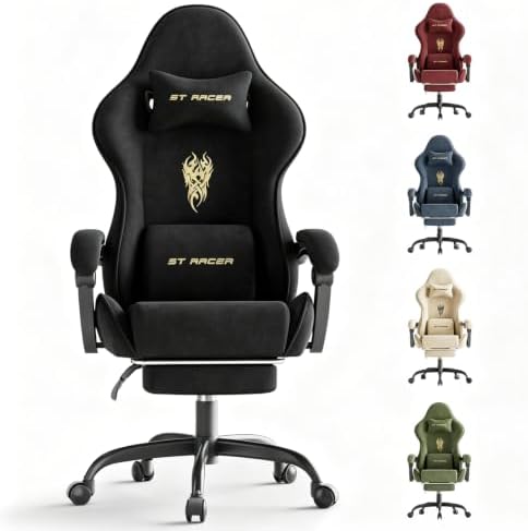 Ferghana Velvet Ergonomic Gaming Chair for Adults, Reclining Racing Computer Desk Chair with Footrest & Massage Lumbar Cushion, Comfortable Home Office Video Game Chair, Black