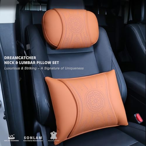 Neck Support Pillow Set for Car & Office Chair - Prosperity & Luck Dreamcatcher - Orthopedic Lumbar & Cervical Pillow for Pain Relief &Posture Correction (Neck Pillows (Cognac Brown))