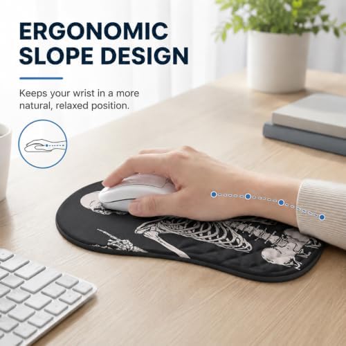 Ergonomic Mouse Pad with Wrist Rest, Mouse Pad with Memory Foam Massage Support, Non-Slip PU Base, Comfortable Typing Cushion for Home Office Computer Laptop, Human Skeleton