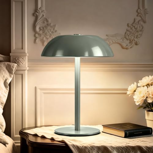 Portable LED Mushroom Table Lamp, 24H Cordless Metal Night Light with Rechargeable Battery, Stepless Dimmable 3 Colors Desk Lamp for Bedroom Bar Coffee Shop(Green)