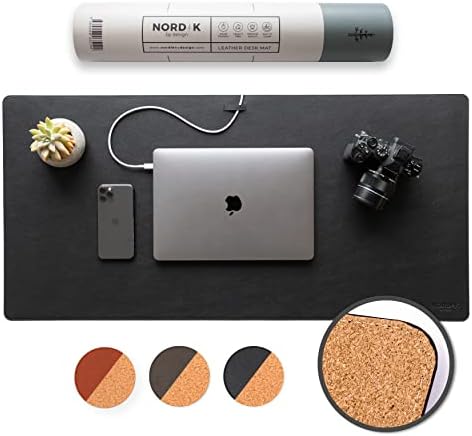 Nordik Leather Desk Mat - Cork Pebble Black - Leather Desk Pad 35x17 in