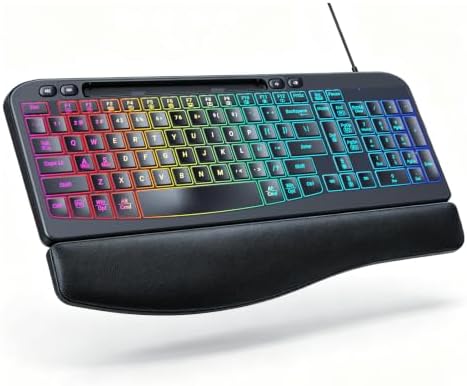 Ergonomic Keyboard, Wired Backlit Computer Keyboard with Wrist Rest, Black