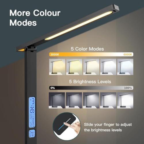 Infiway Desk Lamp with USB Charging Port: LED Desk Lamps for Home Office - 1 USB-A, 1 Type-C Charging Port, 2 AC Power Outlets, Touch Control Dimmable 5 Color 5 Brightness, Night Light(Black)