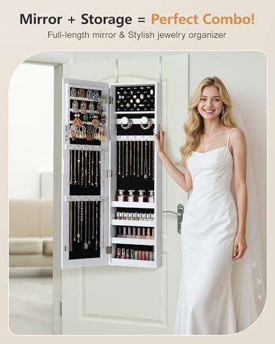 Nicetree Jewelry Cabinet Armoire, Hanging Jewelry Organizers and Storage, Lockable Jewelry Cabinet with Full-Length Mirror, Wall or Door Mount Jewelry Mirror Cabinet, Shelves, Polishing Cloth
