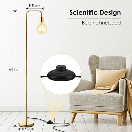 BoostArea Industrial Gold Standing Lamp, 63 Inch, E26 Socket, On/Off Footswitch, ETL Listed, Modern for Bedroom, Living Room, Minimalist, Vintage, Mid-Century, Boho, Metal