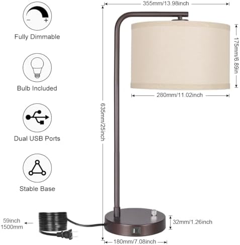 Tall Table Lamps Set of 2, Fully Dimmable Bedside Lamp with USB C+A Ports