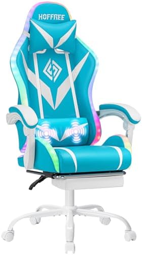 RGB Gaming Chair with Massage&Footrest Racing Style Computer Chair-Sky Blue