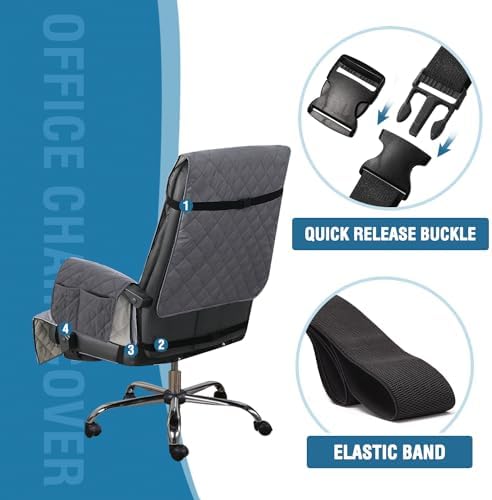 H.VERSAILTEX Water-Resistant Office Chair Protector – Universal High-Back Cover with Non-Slip Buckles, Fits Executive & Desk Chairs (Grey/Beige, Washable)