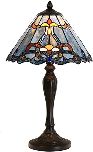 Bieye L10683 Baroque Tiffany Style Stained Glass Table Lamp Night Light with 12 Inch Wide Blue Lampshade for Bedside Bedroom Living Room, 20 inch Tall