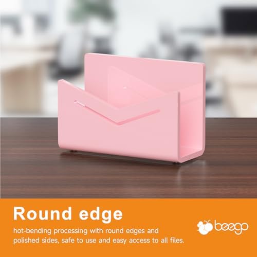 Beego Envelope and Mail Organizer Countertop - Pink Acrylic Desk Organizer Letter Holder Desktop File Sorter Bill Document Folder Rack for Office, Home, School Desk Organization