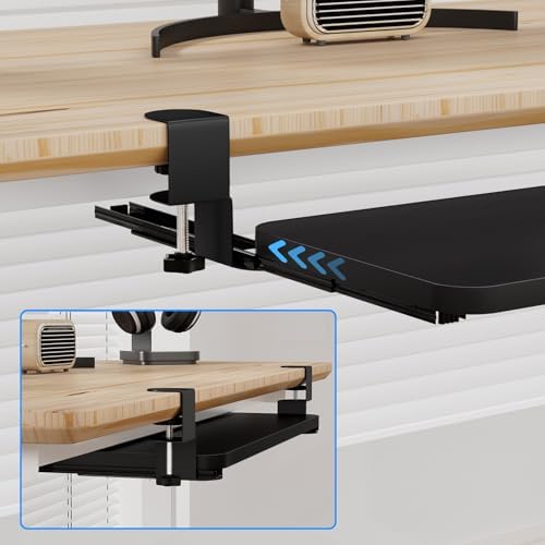 Keyboard Tray Under Desk with Adjustable C Clamp, Easy Assembly Keyboard Drawer Desk Extender Table Attachment Platform, Pull Out Keyboard Holder for Typing and Home Office Black