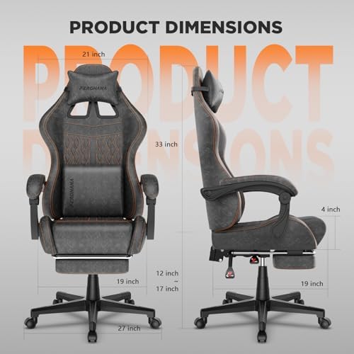 Ferghana Vintage PU Leather Gaming Chair, Ergonomic Reclining Racing Gamer Chair with Massage Lumbar Support, High Back Computer Office Chair with Footrest for Adults, Grey