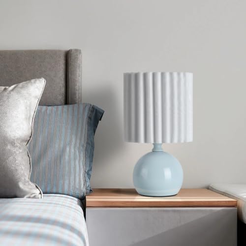 Ziqqeelam Blue Small Table Lamp with Scalloped Linen Shade, Mini Blue Table Lamp for Bedroom Nightstand, Cute Desk Night Light for Living Room, Bookshelf, Kitchen Counter, Kids Room, Office