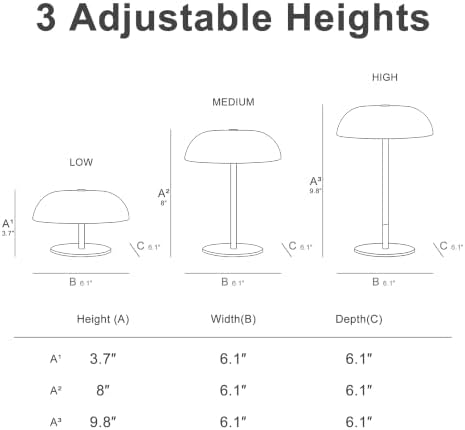 Portable LED Mushroom Table Lamp, Cordless Gold Table Lamp with 3 Color Stepless Dimming, Touch Control, Adjustable Height, Touch Lamp for Nightstand, Bedroom, Coffee Table, Bar, Restaurant (Golden)