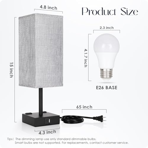 Bedside Table Lamps Set of 2 - Touch Nightstand Lamp for Bedroom with USB C+A Charging Ports & AC Outlets, 3-Way Dimmable Desk Lamp Grey Fabric Shade for Bedroom Living Room, Office(Bulb Included)