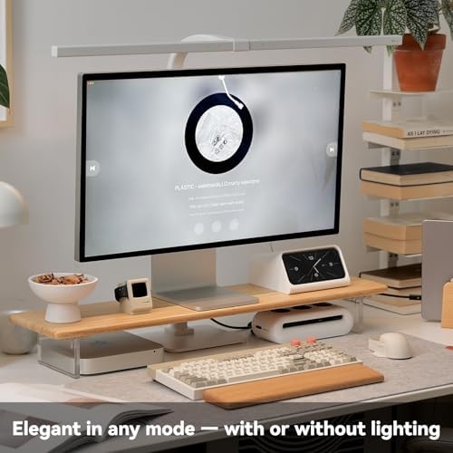 Bamboo Monitor Stand, Desk Shelf with Acrylic Legs and RGB Lights
