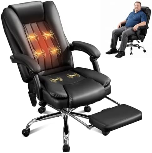 500LBS Massge Office Chair with Foot Rest,6 Points Vibration & Heat Big and Tall Office Chair with Back Support, Ergonomic Comfort 135° Reclining Desk Chairs Managerial Chairs for Heavy People