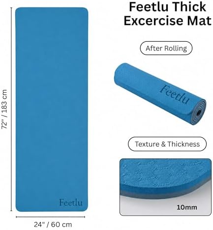 Extra Thick 10mm Yoga Mat, 72" x 24", Non-Slip with Carry Strap