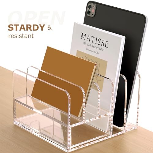 Acrylic Mail Sorter Desk Organizer Holder with Drawer, 5 Compartments Clear