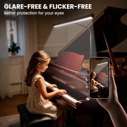 Piano Light with Square Base, Piano Lamp with 3 Color Modes and 10 Dimmable Brightness Levels, Adjustable Gooseneck Music Stand Light with USB, for Grand/Upright Pianos, Sheet Music