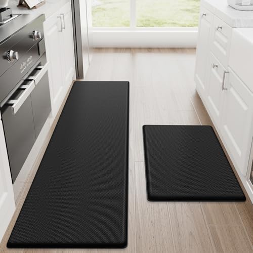 StepRite Kitchen Mats for Floor, 2-Piece Anti-Fatigue Kitchen Rugs, Black