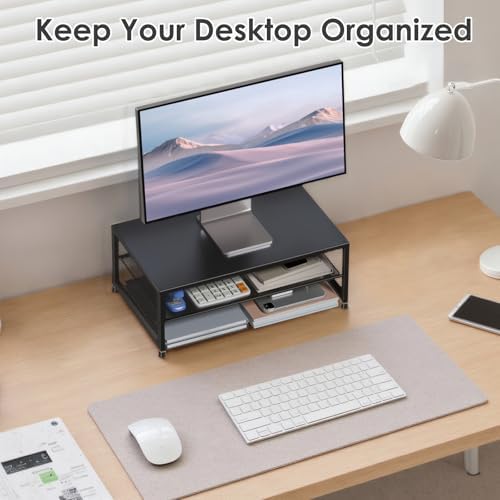 ECOLOVI 2-Tier Computer Monitor Stand Riser, Printer & Laptop Stand, Office Desk Accessories, Workspace Desk Organizer for Home Office Supplies, Black