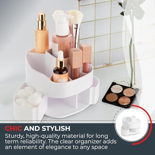 Masirs Small 360 Rotating Makeup Organizer, 5 Compartments, Square White