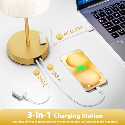 17.6" Gold Touch Lamps for Bedroom Set of 2 - Dimmable, USB C+A, AC Outlet