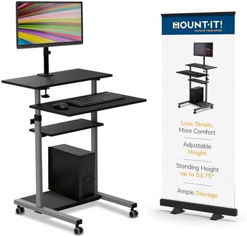 Mount-It! Mobile Computer Cart with Monitor Mount for Screen up to 32", Portable Desk on Wheels, Rolling Laptop Stand Teachers, Office, Classroom, Rise up to 53", Projector, Podium, Keyboard Tray