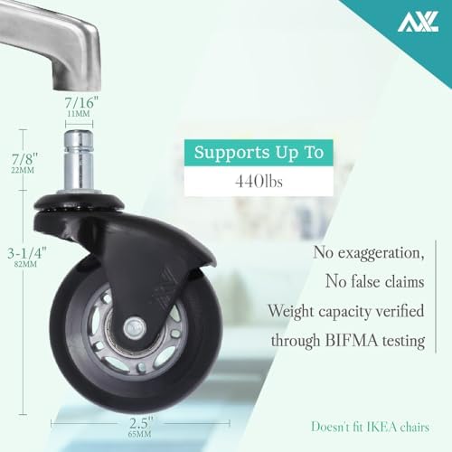AXL 2.5" Office Chair Wheels Replacement, in-Line Style Casters for Hardwood Floors & Tile – Silent, Scratch-Free Smooth Gliding, Fit 7/16" x 7/8", with Unique Corner Guard Protection (Set of 5)