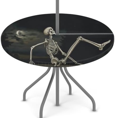 Outdoor Round Tablecloth with Hidden Umbrella Hole, Funny Skeleton Stretching Halloween Night Waterproof Table Covers with Elastic Zippered Machine Washable Table Cloths Mat 45-56 inch for Picnic