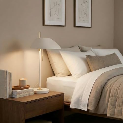 Modern Vintage White Table Lamp, Industrial Minimalist All-Metal Bedside Lamp with Pull Chain Switch, Decorative Nightstand Lamp for Bedroom, Living Room, Office, E26 Bulb Base