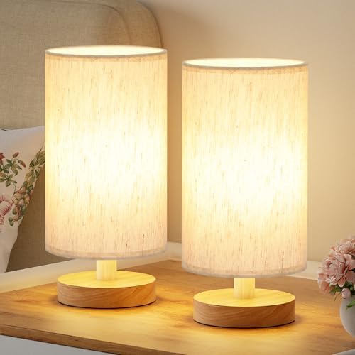 Fenmzee Small Lamps Set of 2 (Cream Shade - Wood Base, 9" Inline Control)