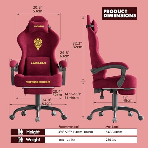 Ferghana Velvet Fabric Gaming Chair - 20.5″ Wider Seat Cushion, Fire Embroidery, Ergonomic High Back Game Chair with Footrest | Computer Chair with Massage Lumbar Support for Adult, Red