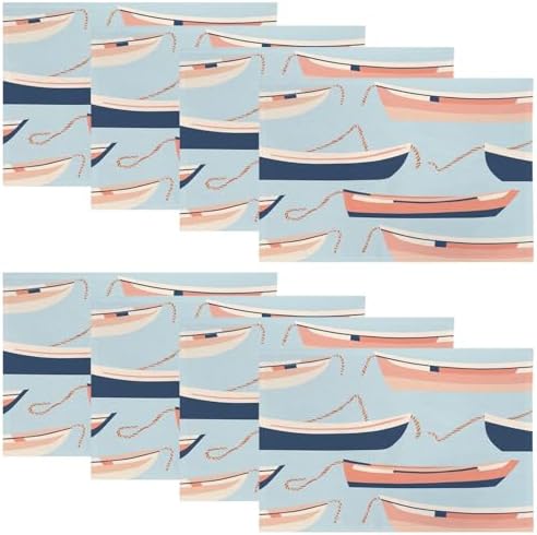 Nautical Small Boats Linen Placemats, Seaside Marine Table Mats for Table Washable Heat Insulation Thick Dining Mat, Indoor/Outdoor 12X18 in 8 Pcs