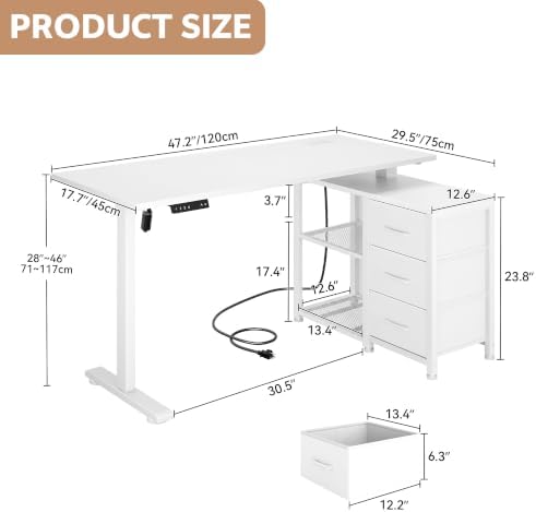 47 Inch L Shaped Desk with 3 Drawers Electric Standing Desks White
