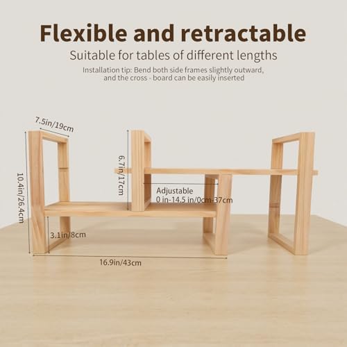 Desk Shelf, 100% Solid Wood Adjustable Desktop Bookshelf, No Tools or Nails Required Retro Tabletop Bookshelf, 130lb Load Capacity for Living Room, Office, for Books, Cookbooks,Nature Pine Color