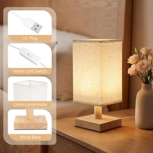 Small Table Lamp Set of 2, Square Short Bedside Lamps 2700K Warm LED with Linen Shade & Wood Base, USB Nightstand Lamps for Bedroom Living Room