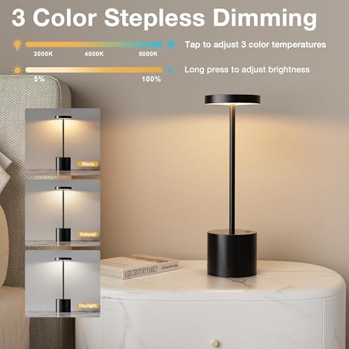 Cordless Rechargeable Table Lamp, 4000mAh Battery Operated, Black, 2 Pack