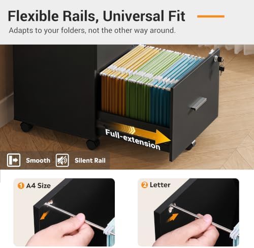 DEVAISE 3 Drawer Rolling File Cabinet with Lock, Wood Filing Cabinet fits Letter / A4 Size for Home Office, Black