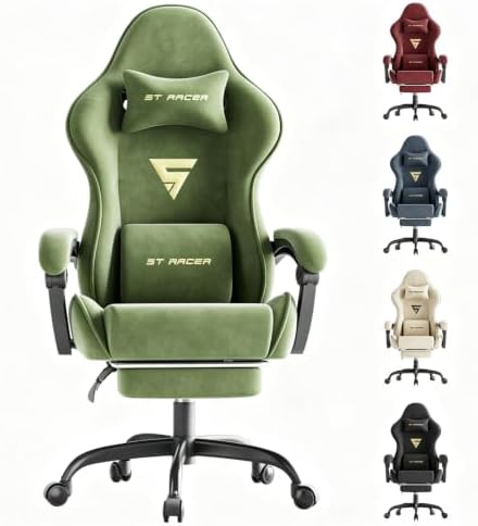 Soontrans Green Velvet Gaming Chair with Footrest, Ergonomic Reclining Computer Desk Chair, Massage Lumbar Cushion & Headrest, Comfortable Video Game Chair for Adults