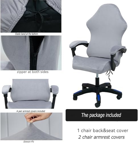 Gaming Chair Cover Set with Armrest Covers, Velvet Stretch Slipcover 1-Piece Form Fit Cover & Chair Armres Covers Included（no Chair） (Grey)