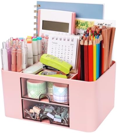 Meiikun Plastic Pen Organizer, Multifunctional Desk Organizer with 2 Drawers, 4 Compartments & a Top Tray, Pencil Holder Desktop Organizers and Accessories for Office, 7.7" x 5.5" x 3.9" (Pink)
