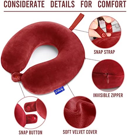 Fabuday Neck Pillows for Travel - Airplane Pillow for Long Flight with Attachable Snap Strap Washable Cover, Memory Foam Travel Rest Pillow for Airplanes, Plane, Neck Support for Adults Red