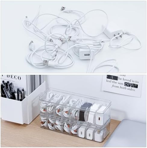 2 Pack Cable Organizer Box with Lid, Clear, Plastic