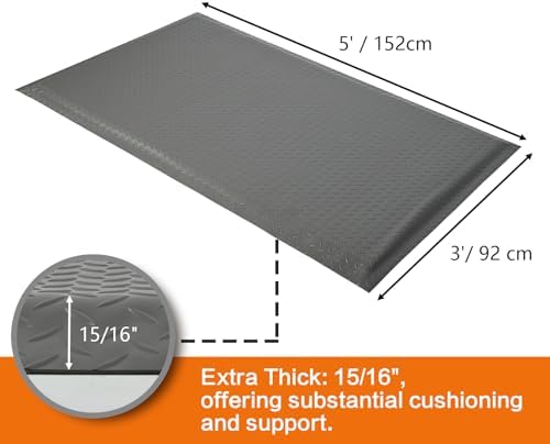 Nisorpa Anti Fatigue Mats Industrial 3' x 5' Ergonomic Standing Mat 15/16" Extra Thick Heavy Duty Commercial Diamond Plate Support Shop Floor Mat for Leg & Back Pain,Grey